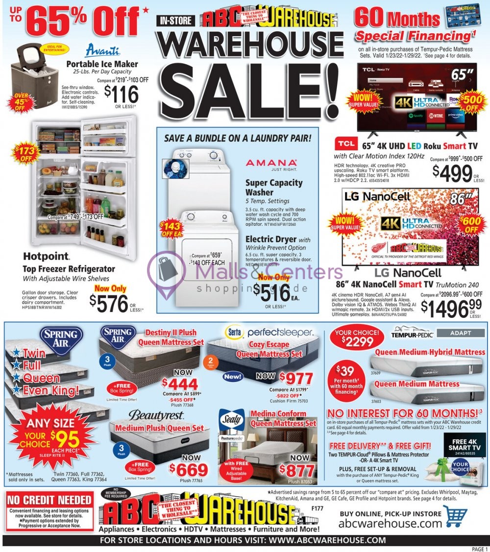 ABC Warehouse Weekly ad valid from 01/23/2022 to 01/29/2022 MallsCenters