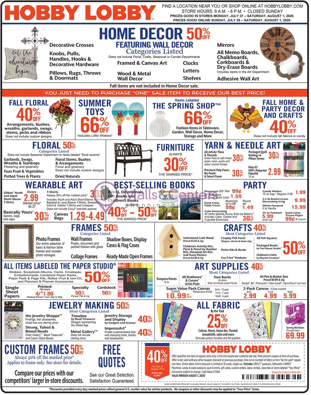 Hobby Lobby Weekly ad valid from 07/26/2020 to 08/01/2020 MallsCenters