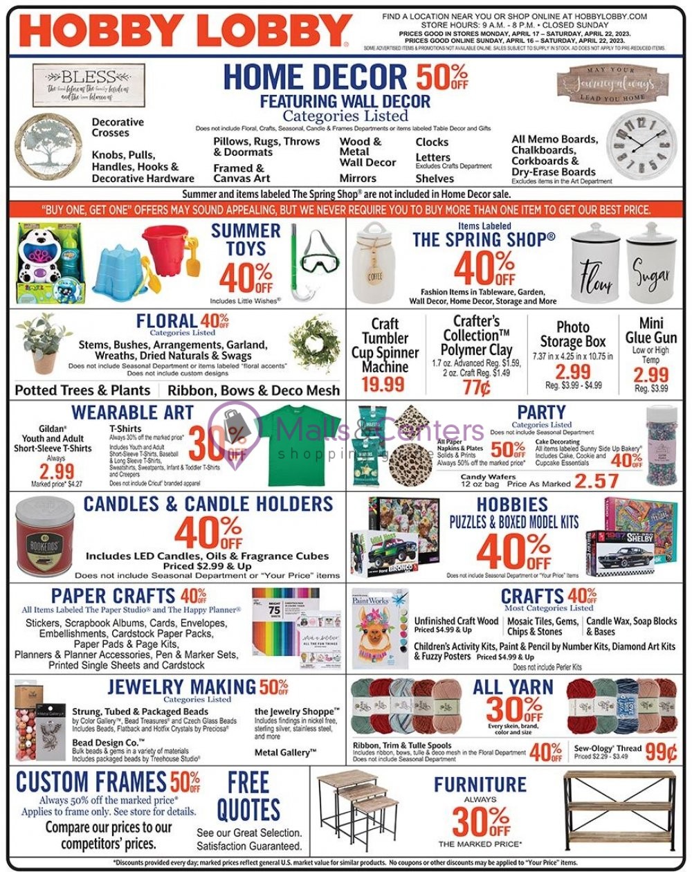 Hobby Lobby Weekly ad valid from 04/16/2023 to 04/22/2023 MallsCenters