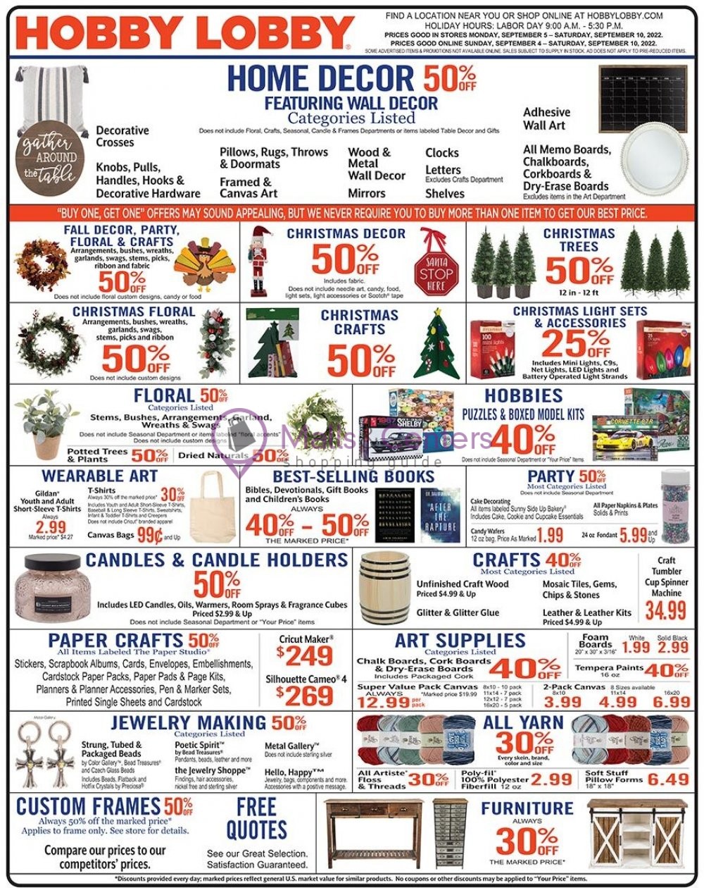 Hobby Lobby Weekly ad valid from 09/04/2022 to 09/10/2022 MallsCenters