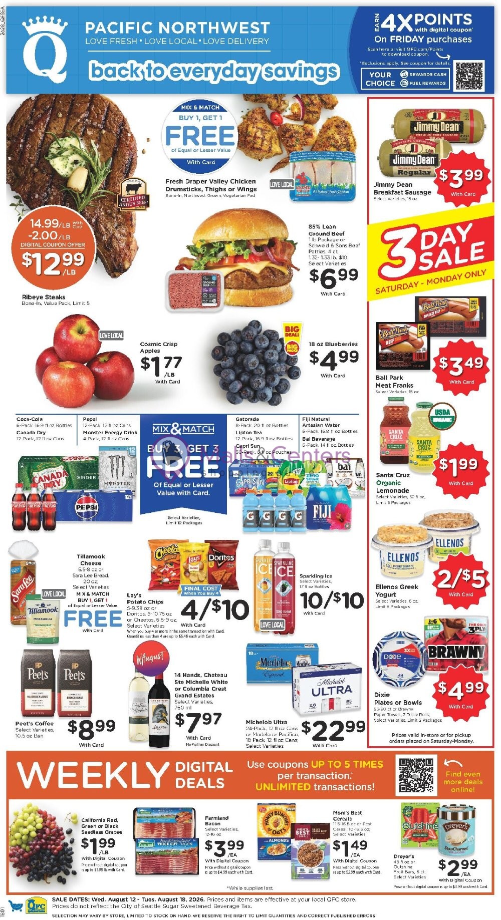 First page of weekly ad for QFC Quality Food Centers valid: 08/12/2026 - 08/18/2026