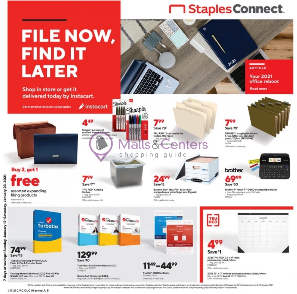 Staples Weekly ad valid from 01/17/2021 to 01/23/2021 MallsCenters