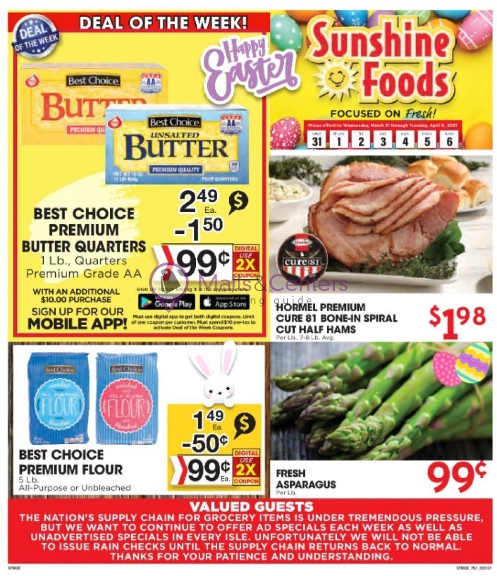 Sunshine Foods Weekly ad valid from 03/31/2021 to 04/06/2021 MallsCenters