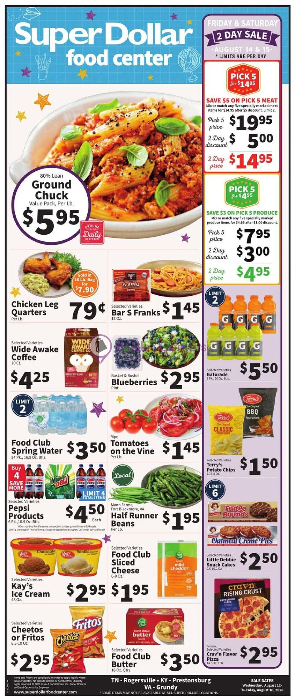 Weekly ad for SuperDollar Food Center valid: 08/12/2026 - 08/18/2026, page 1