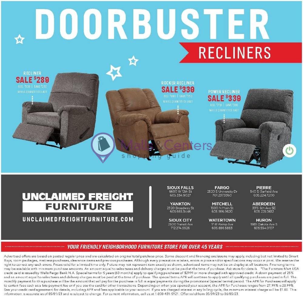 Unclaimed Freight Furniture Weekly ad valid from 05/09/2023 to 06/05