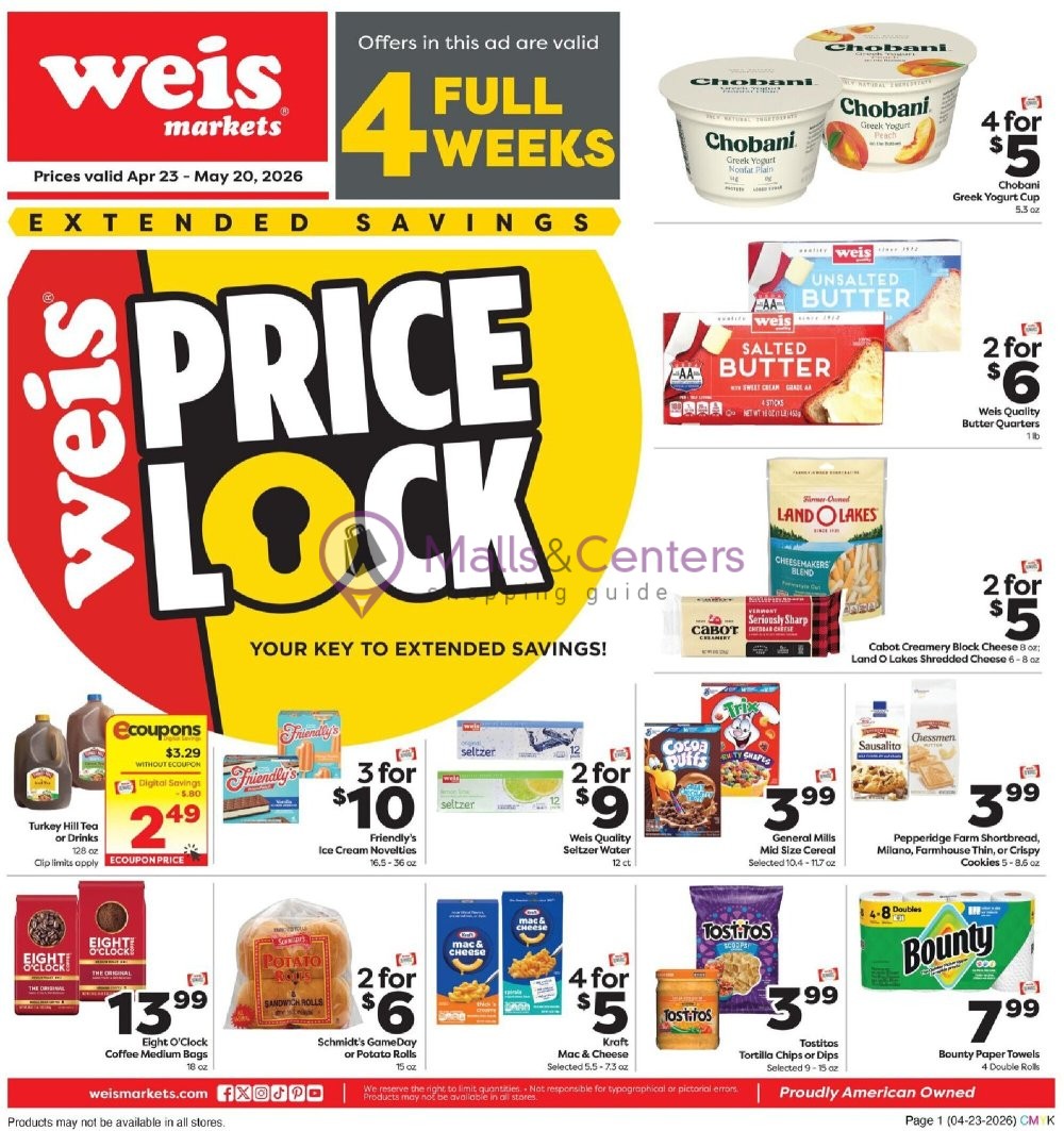 Weekly ad for Weis Markets valid: 04/23/2026 - 05/20/2026, page 1
