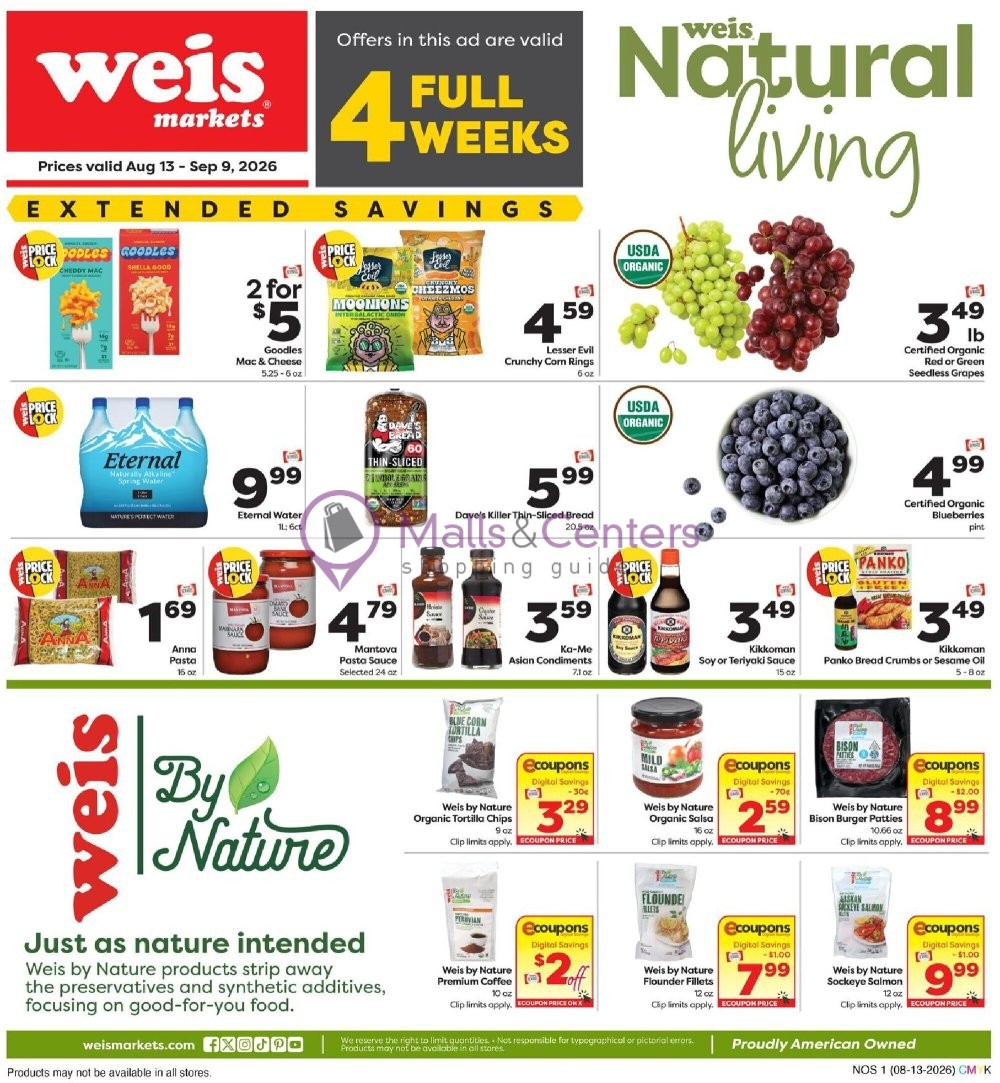 Weekly ad for Weis Markets valid: 08/13/2026 - 09/09/2026, page 1