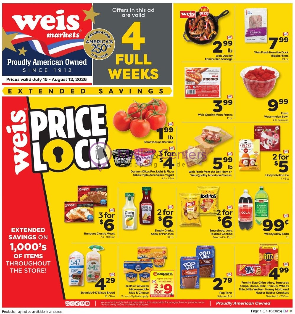 Weekly ad for Weis Markets valid: 07/16/2026 - 08/12/2026, page 1