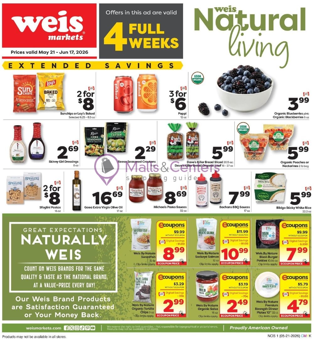 Weekly ad for Weis Markets valid: 05/21/2026 - 06/17/2026, page 1