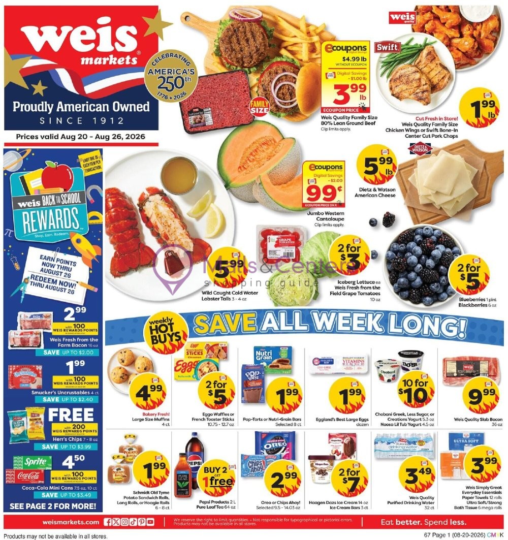 Weekly ad for Weis Markets valid: 08/20/2026 - 08/26/2026, page 1
